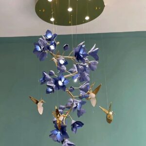 Celeste bloom chandelier floral LED chandelier India luxury floral chandelier for dining room lighting designer bloom chandelier with ambient LED glow modern chandelier with flower design for interiors decorative floral ceiling chandelier for living room brushed gold chandelier with floral elements elegant LED chandelier for luxury homes India contemporary floral chandelier for hospitality interiors ambient chandelier lighting with flower design designer chandelier for modern dining area India