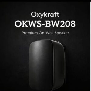 oxykraft okws bw 208 wall speaker black front view oxykraft outdoor ip65 wall mounted speaker installation modern living room wall speaker setup oxykraft oxykraft premium on wall speaker close up design commercial audio wall speaker indoor outdoor use oxykraft speaker back mount bracket installation